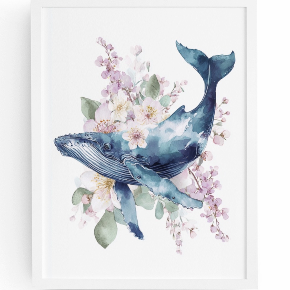 Watercolor Floral Humpback Whale Portrait Wall Art Illustration Print Unframed